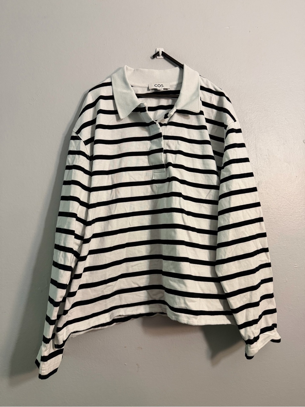 Cos Rugby Style Polo Long Sleeve Shirt White Black Striped